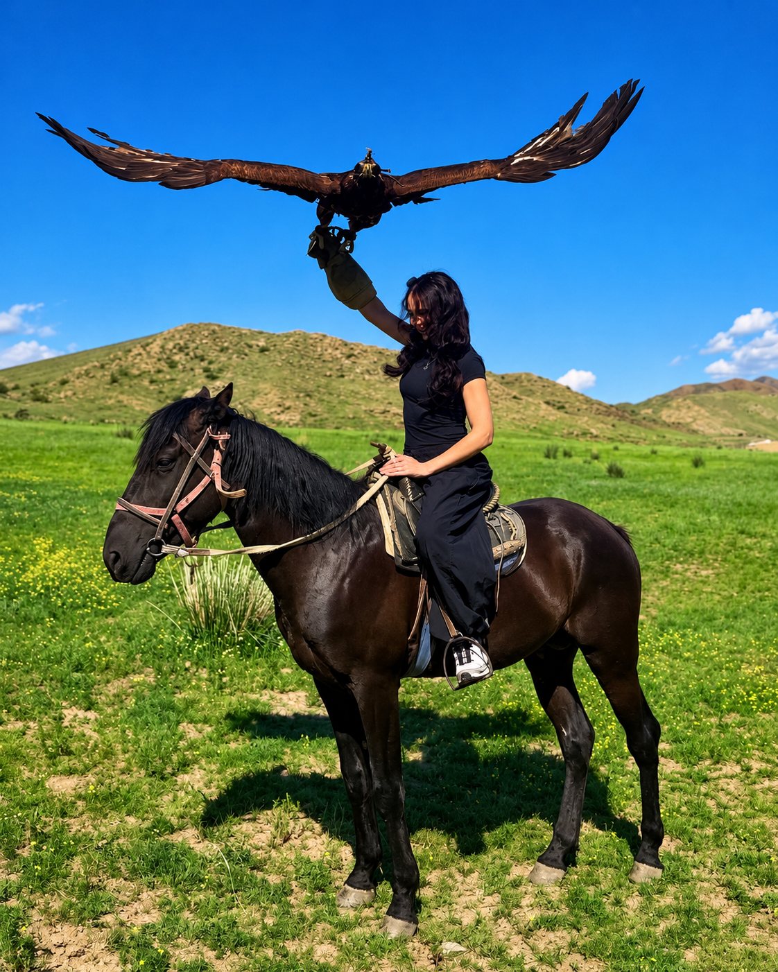 Brooke riding a horse with a falcon overhead